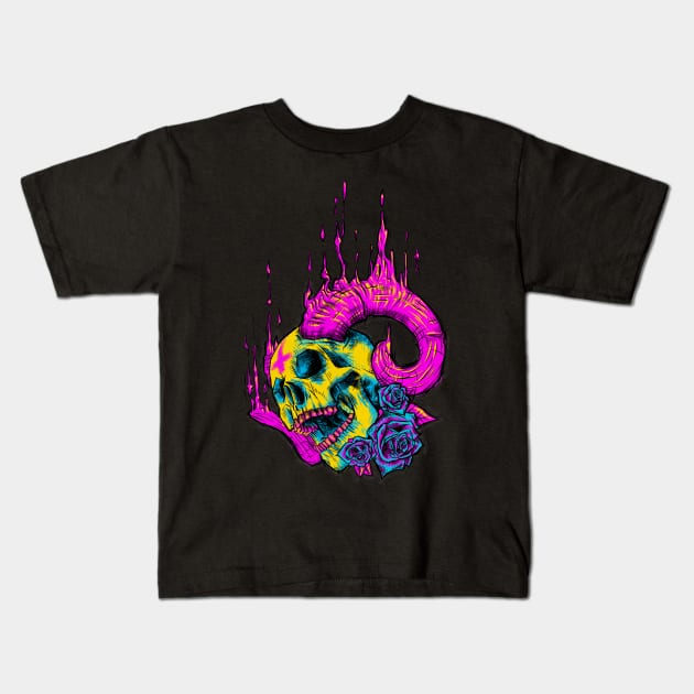 Melted Neon Horny Skull Kids T-Shirt by Folkensio